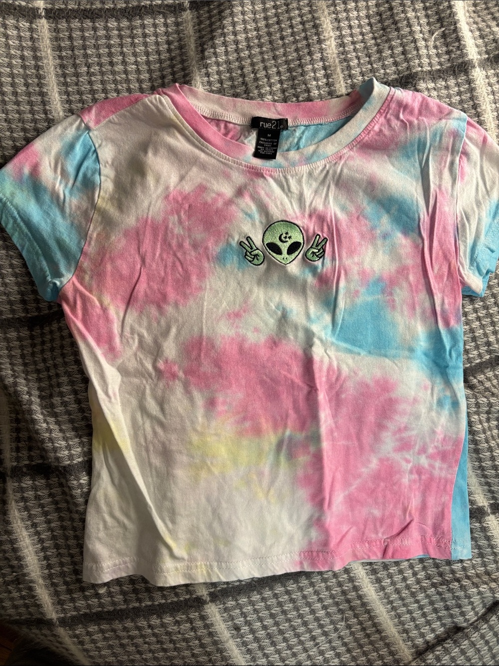 Rue21 Tie-Dye Crop Tee with Green Alien Patch - Pink, Blue, White
